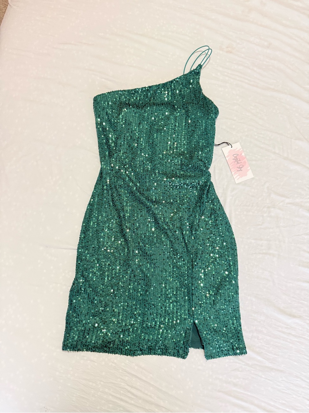 One-Shoulder Emerald Sequin Cocktail Dress
